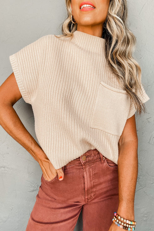 Ribbed Mock Neck Patch Pocket Drop Shoulder Short Sleeve Sweater